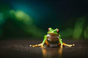 ein Frosch Sitzung auf ein hölzern Oberfläche mit ein verschwommen Hintergrund. KI-generiert foto