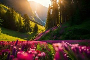 das Sonne scheint durch das Bäume und Blumen im ein Feld. KI-generiert foto