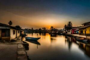 ein Boot ist angedockt im das Wasser beim Sonnenuntergang. KI-generiert foto