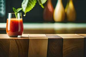ein Glas von Tomate Saft sitzt auf ein hölzern Tisch. KI-generiert foto
