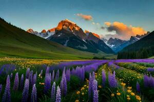 das Blumen von das Wiese, das Berge, und das Sonne. KI-generiert foto