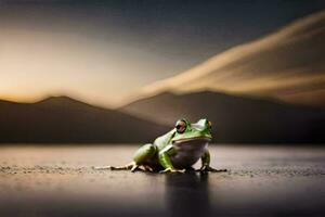 ein Frosch Sitzung auf das Boden im Vorderseite von ein Berg. KI-generiert foto