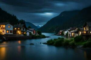 ein Stadt, Dorf im das Berge beim Nacht mit ein See. KI-generiert foto