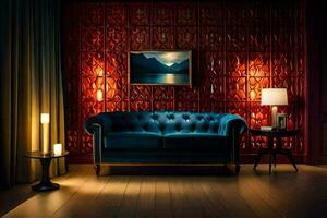 ein Leben Zimmer mit ein Blau Couch und rot Wände. KI-generiert foto