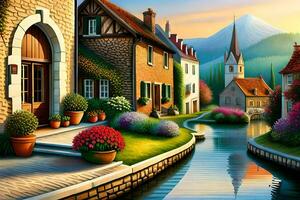 ein Gemälde von ein klein Stadt, Dorf mit Häuser und Blumen. KI-generiert foto