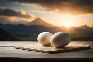 zwei Eier auf ein hölzern Schneiden Tafel mit ein Sonnenuntergang im das Hintergrund. KI-generiert foto
