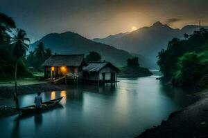 ein Mann ist Stehen auf das Ufer von ein Fluss mit ein Boot. KI-generiert foto