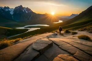 das Sonne steigt an Über das Berge im das Hintergrund. KI-generiert foto