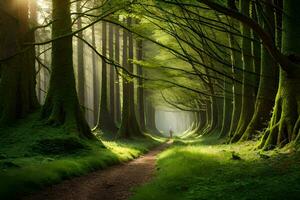 ein Pfad durch ein Wald mit Bäume und Gras. KI-generiert foto