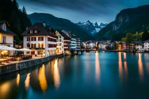 das Stadt, Dorf von Langerach im Schweiz beim Nacht. KI-generiert foto