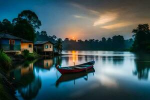 ein Boot sitzt auf das Wasser beim Sonnenuntergang. KI-generiert foto
