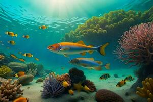 Fisch Schwimmen im das Ozean mit Koralle Riffe und andere Fisch. KI-generiert foto