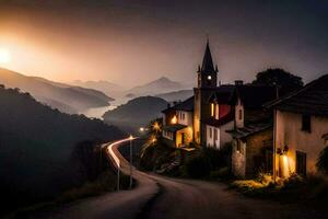 ein Straße führen zu ein Dorf beim Sonnenuntergang. KI-generiert foto