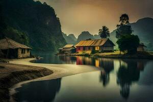 ein Fluss im Vietnam mit Häuser auf das Ufer. KI-generiert foto