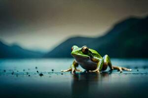 ein Frosch Sitzung auf das Boden im Vorderseite von ein See. KI-generiert foto