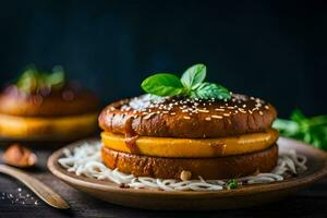 ein Hamburger mit Nudeln und Soße auf ein Platte. KI-generiert foto