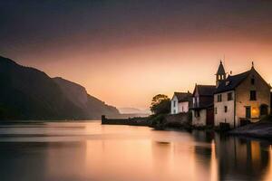 ein Haus sitzt auf das Ufer von ein Fluss beim Sonnenuntergang. KI-generiert foto