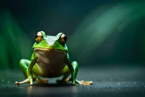 ein Frosch ist Sitzung auf ein dunkel Oberfläche. KI-generiert foto