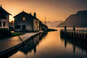 ein Haus auf das Wasser mit ein Dock und Berge im das Hintergrund. KI-generiert foto