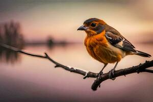 ein klein Orange Vogel sitzt auf ein Ast in der Nähe von das Wasser. KI-generiert foto