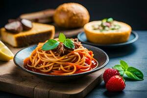 Spaghetti mit Fleisch und Tomate Soße auf ein hölzern Tisch. KI-generiert foto