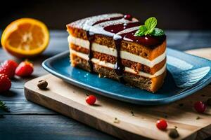 ein Scheibe von Kuchen auf ein Blau Teller mit Erdbeeren und Orangen. KI-generiert foto