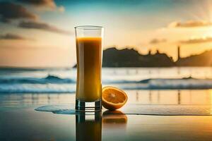 Orange Saft auf das Strand beim Sonnenuntergang. KI-generiert foto