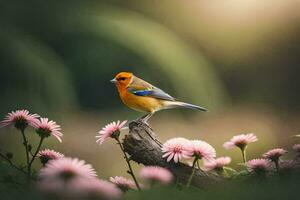 ein Vogel ist thront auf ein Ast im Vorderseite von Rosa Blumen. KI-generiert foto