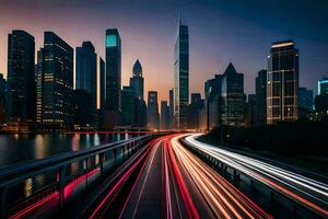 ein Stadt Horizont beim Nacht mit der Verkehr Beleuchtung. KI-generiert foto