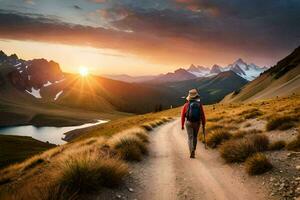 ein Person Gehen auf ein Weg im das Berge. KI-generiert foto