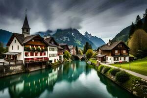 ein Fluss läuft durch ein Stadt, Dorf im das Berge. KI-generiert foto