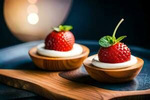 zwei klein Schalen mit Erdbeeren auf oben von ein hölzern Tablett. KI-generiert foto