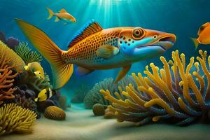 Fisch Schwimmen im das Ozean mit Koralle und andere Fisch. KI-generiert foto