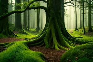 ein Grün Wald mit Bäume und Moos. KI-generiert foto