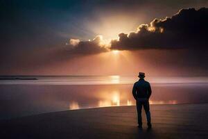 ein Mann Stehen auf das Strand suchen beim das Sonne. KI-generiert foto