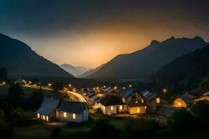 ein Dorf beim Dämmerung im das Berge. KI-generiert foto