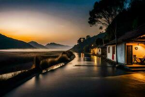 ein Haus mit ein Strom und ein Berg im das Hintergrund. KI-generiert foto