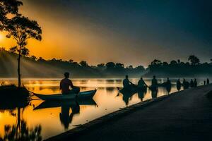 Menschen im Boote auf ein See beim Sonnenaufgang. KI-generiert foto