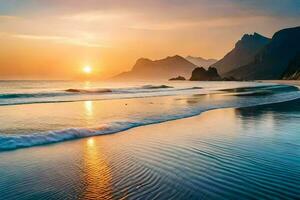 das Sonne setzt Über ein Strand und Berge. KI-generiert foto