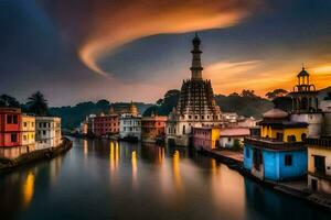 Foto Hintergrund das Himmel, Wasser, Fluss, Indien, das Stadt, das Tempel, Die. KI-generiert