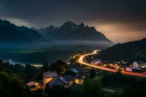 ein Stadt, Dorf und Berge beim Nacht. KI-generiert foto