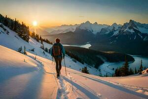 ein Person Wandern oben ein Berg beim Sonnenuntergang. KI-generiert foto