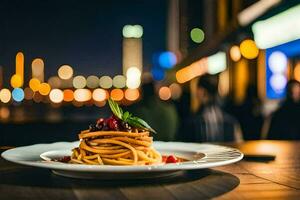 ein Teller von Spaghetti mit ein Aussicht von das Stadt. KI-generiert foto