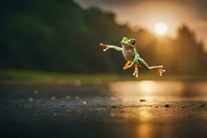 ein Frosch Springen im das Luft beim Sonnenuntergang. KI-generiert foto