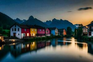 bunt Häuser entlang ein Fluss beim Sonnenuntergang. KI-generiert foto