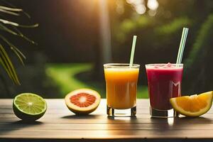 zwei Brille von Saft mit Orangen und Zitronen. KI-generiert foto