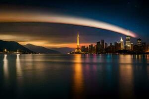 ein Stadt Horizont beim Nacht mit ein Regenbogen Über Es. KI-generiert foto