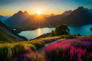 das Sonne steigt an Über ein See und lila Blumen im das Vordergrund. KI-generiert foto