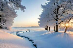 ein schneebedeckt Landschaft mit Bäume und ein Strom. KI-generiert foto