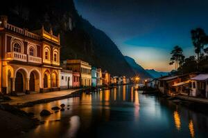 ein Fluss im das Mitte von ein Stadt, Dorf beim Nacht. KI-generiert foto